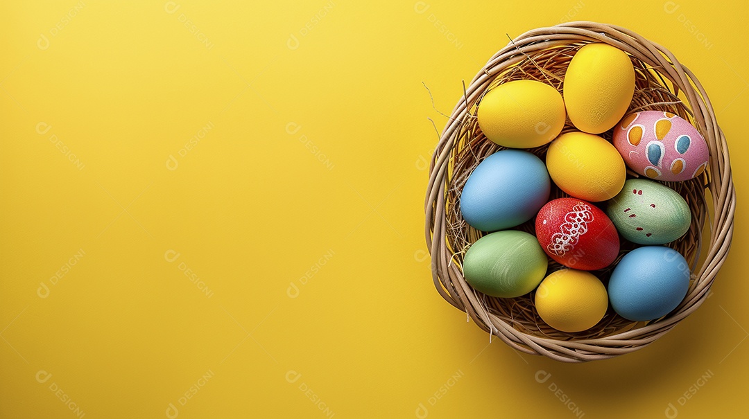 Cesta de Páscoa com ovos coloridos e fundo amarelo