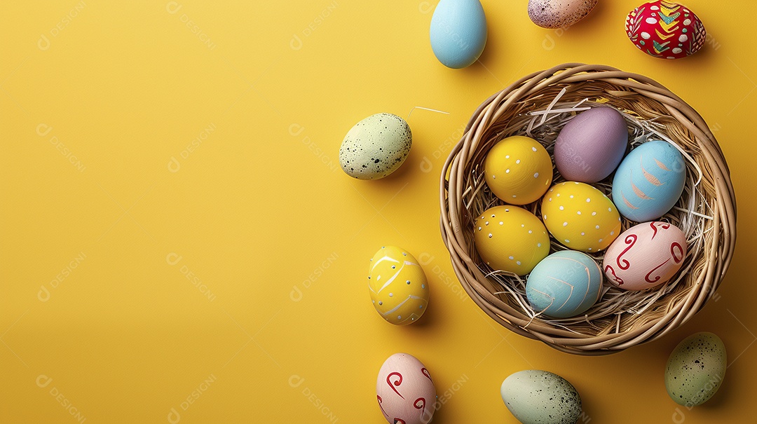 Cesta de Páscoa com ovos coloridos e fundo amarelo