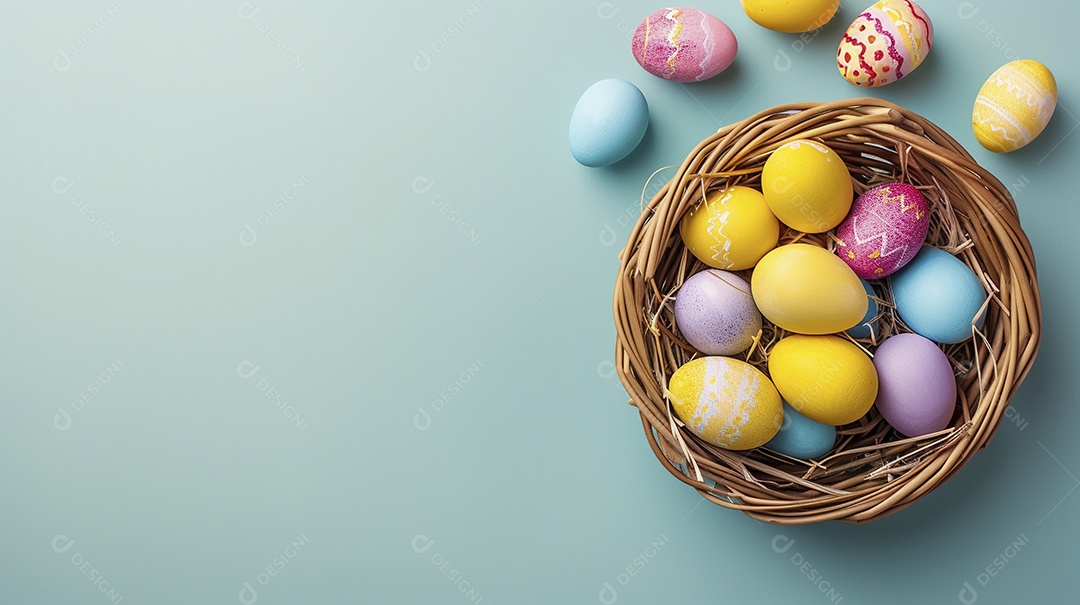 Cesta de Páscoa com ovos coloridos e fundo amarelo