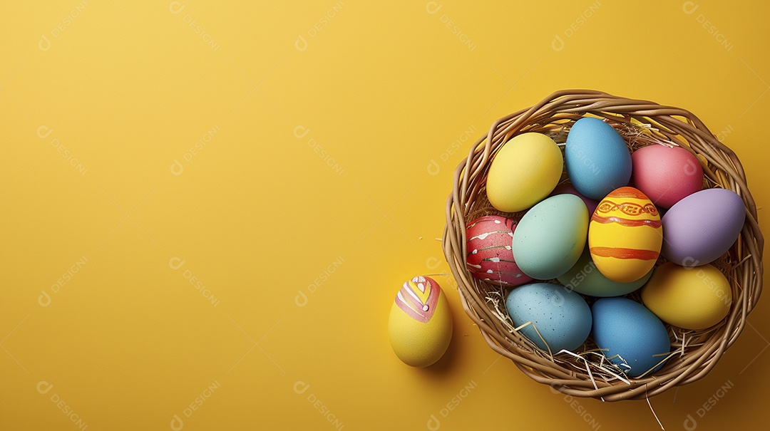 Cesta de Páscoa com ovos coloridos e fundo amarelo