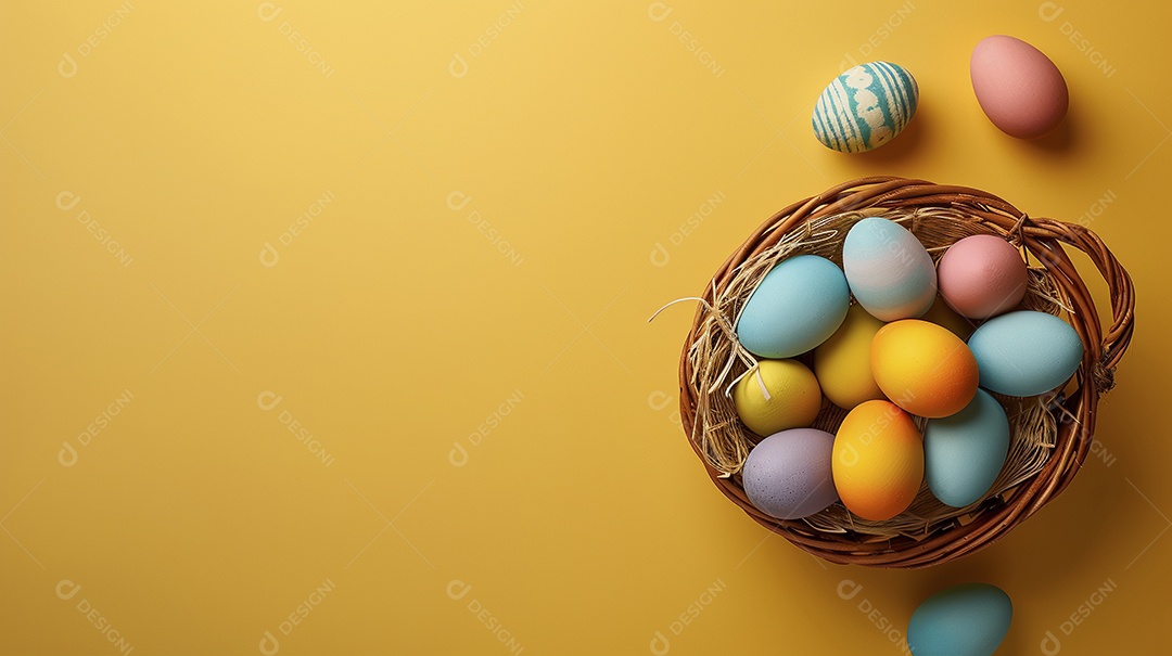 Cesta de Páscoa com ovos coloridos e fundo amarelo
