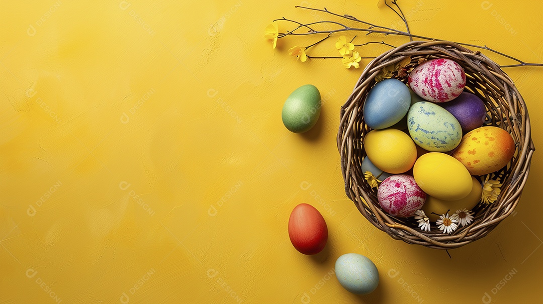 Cesta de Páscoa com ovos coloridos e fundo amarelo