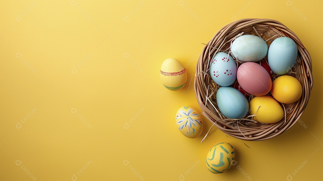 Cesta de Páscoa com ovos coloridos e fundo amarelo