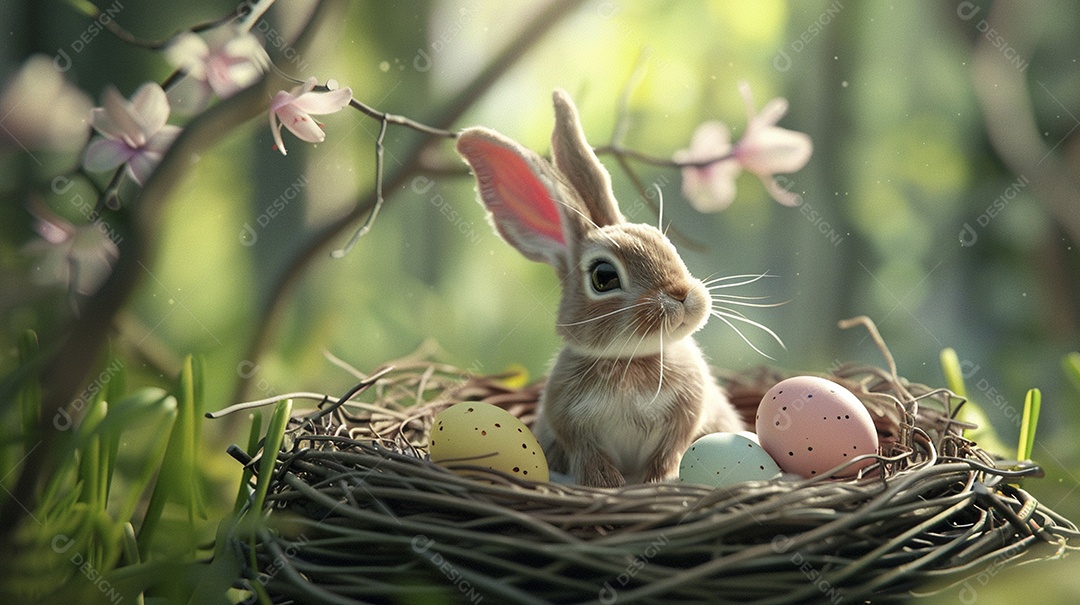 Ovos de Páscoa e orelhas de coelho no ninho