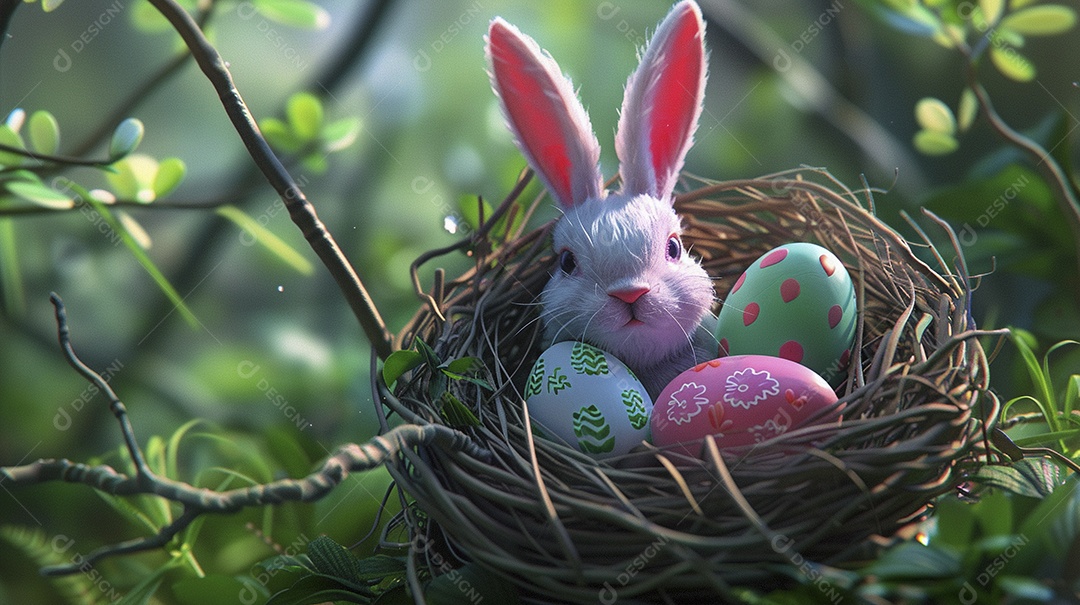 Ovos de Páscoa e orelhas de coelho no ninho