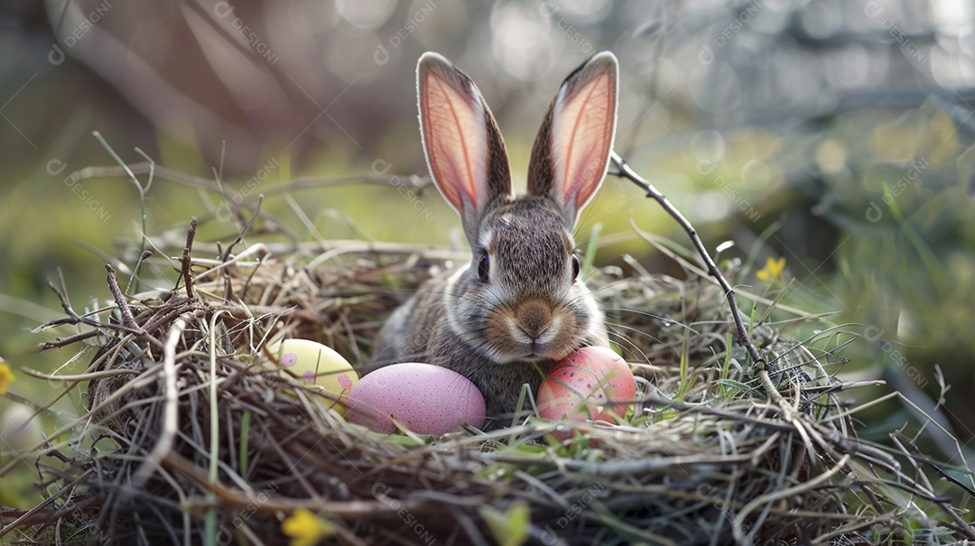 Ovos de Páscoa e orelhas de coelho no ninho