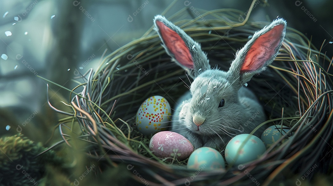 Ovos de Páscoa e orelhas de coelho no ninho