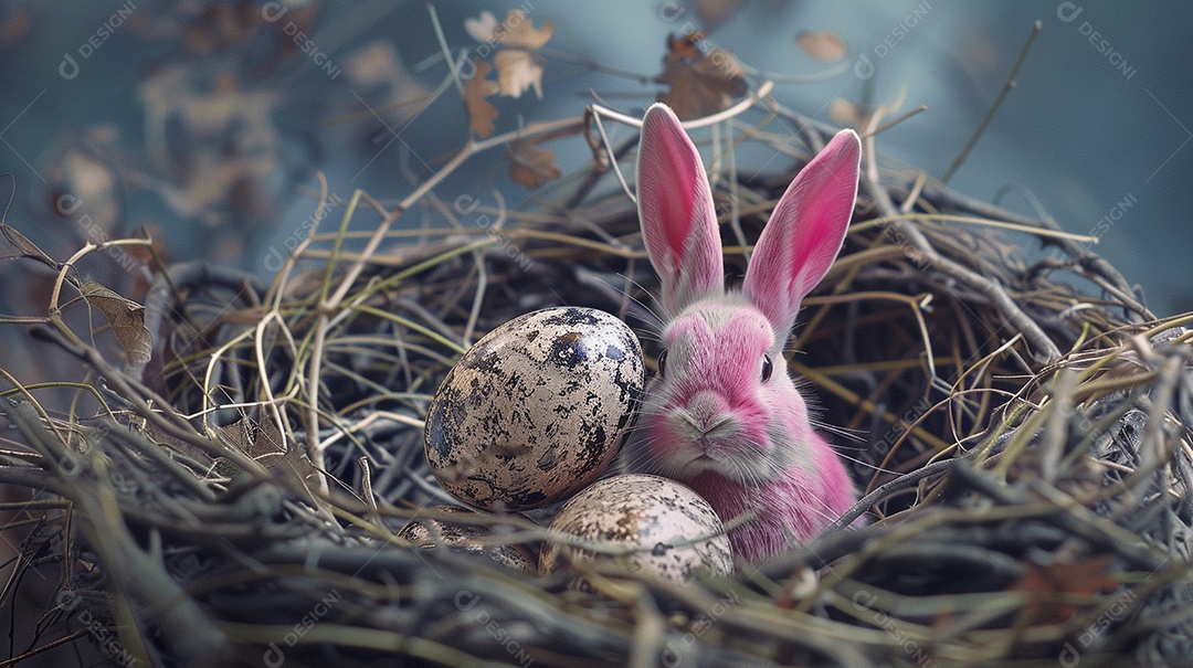 Ovos de Páscoa e orelhas de coelho no ninho