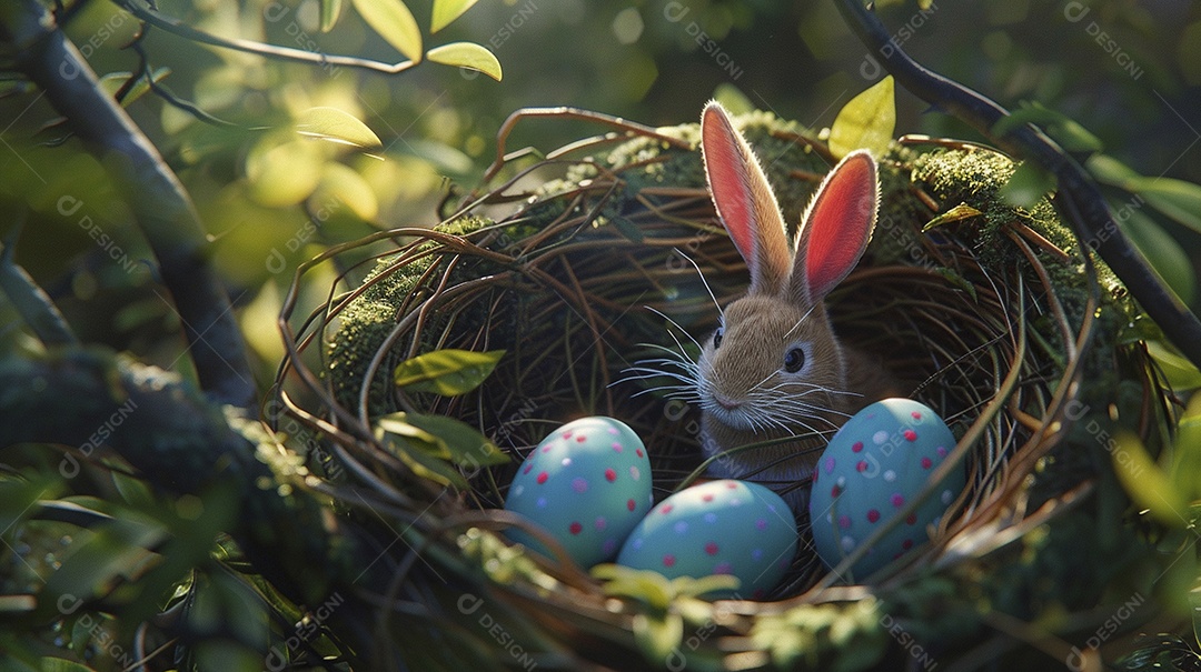 Ovos de Páscoa e orelhas de coelho no ninho