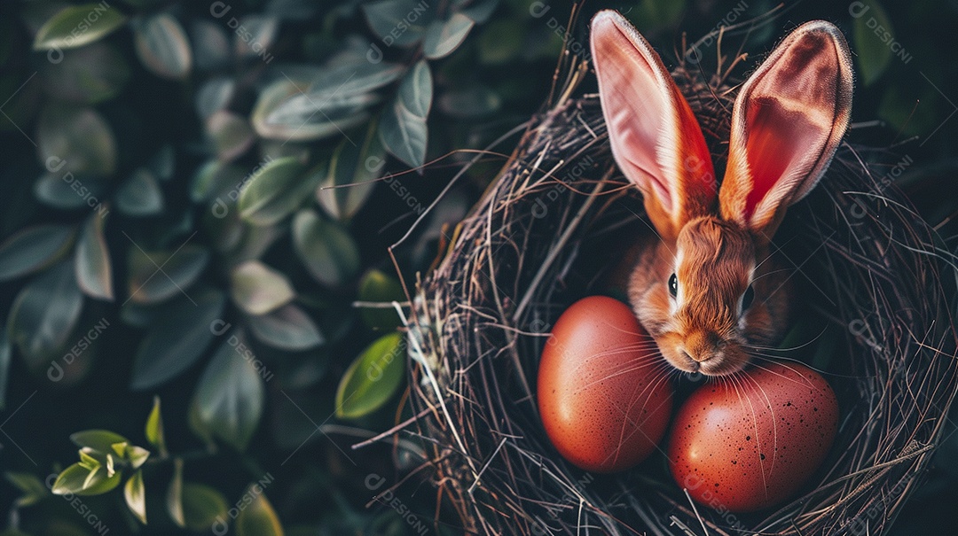 Ovos de Páscoa e orelhas de coelho no ninho