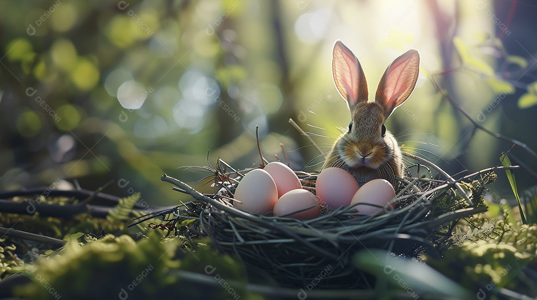 Ovos de Páscoa e orelhas de coelho no ninho