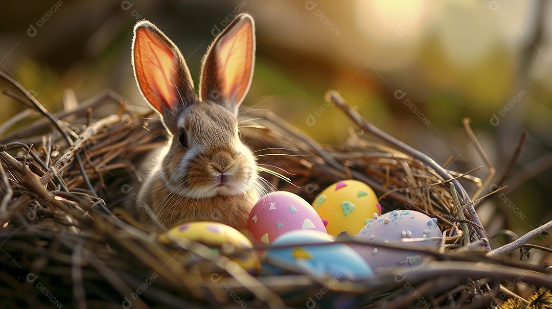 Ovos de Páscoa e orelhas de coelho no ninho