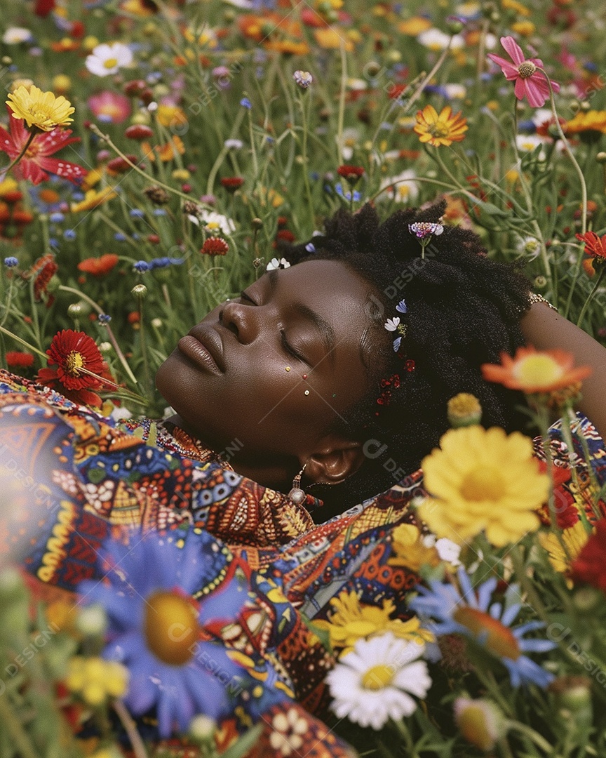 Mulher negra estilo hippie em uma pose relaxante deitada em um lindo campo de flores