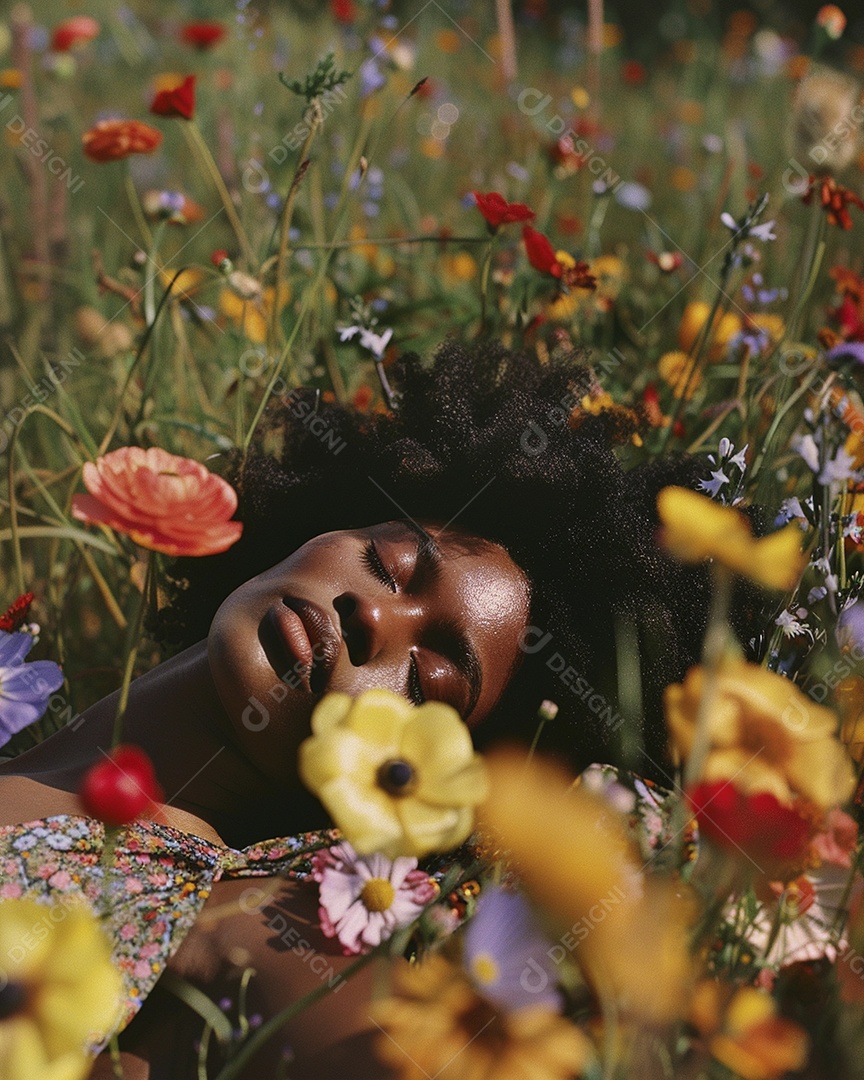 Mulher negra estilo hippie em uma pose relaxante deitada em um lindo campo de flores