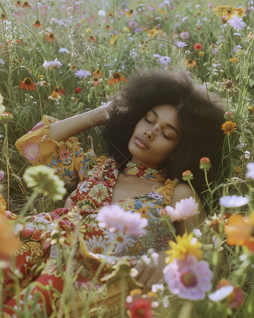 Mulher negra estilo hippie em uma pose relaxante deitada em um lindo campo de flores