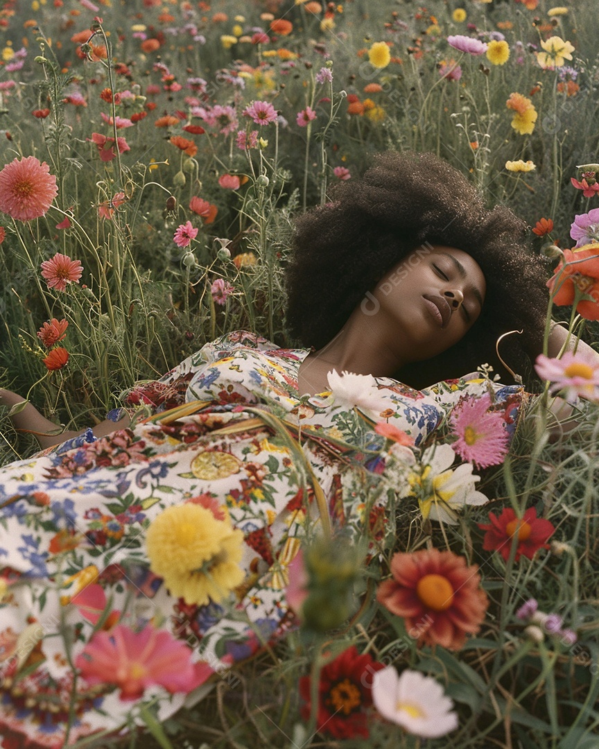 Mulher negra estilo hippie em uma pose relaxante deitada em um lindo campo de flores