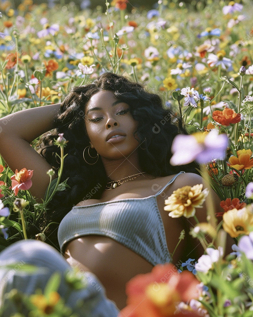 Mulher negra estilo hippie em uma pose relaxante deitada em um lindo campo de flores