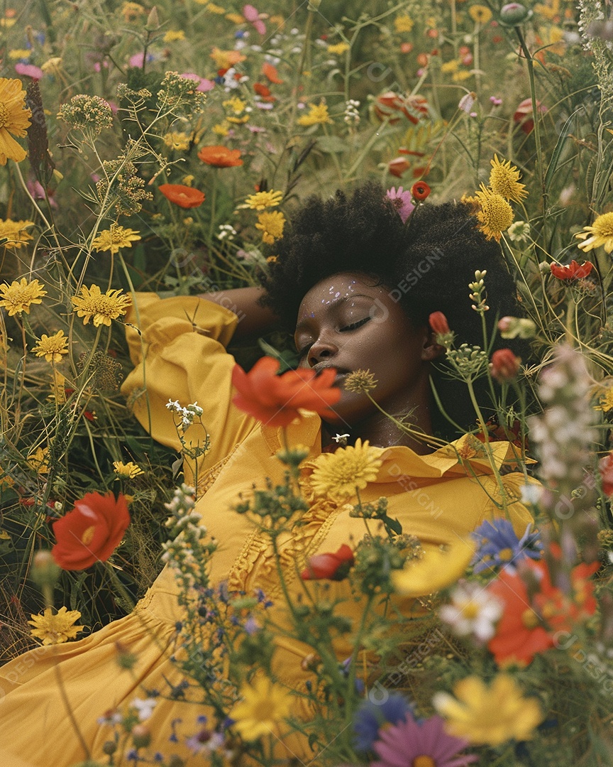 Mulher negra estilo hippie em uma pose relaxante deitada em um lindo campo de flores