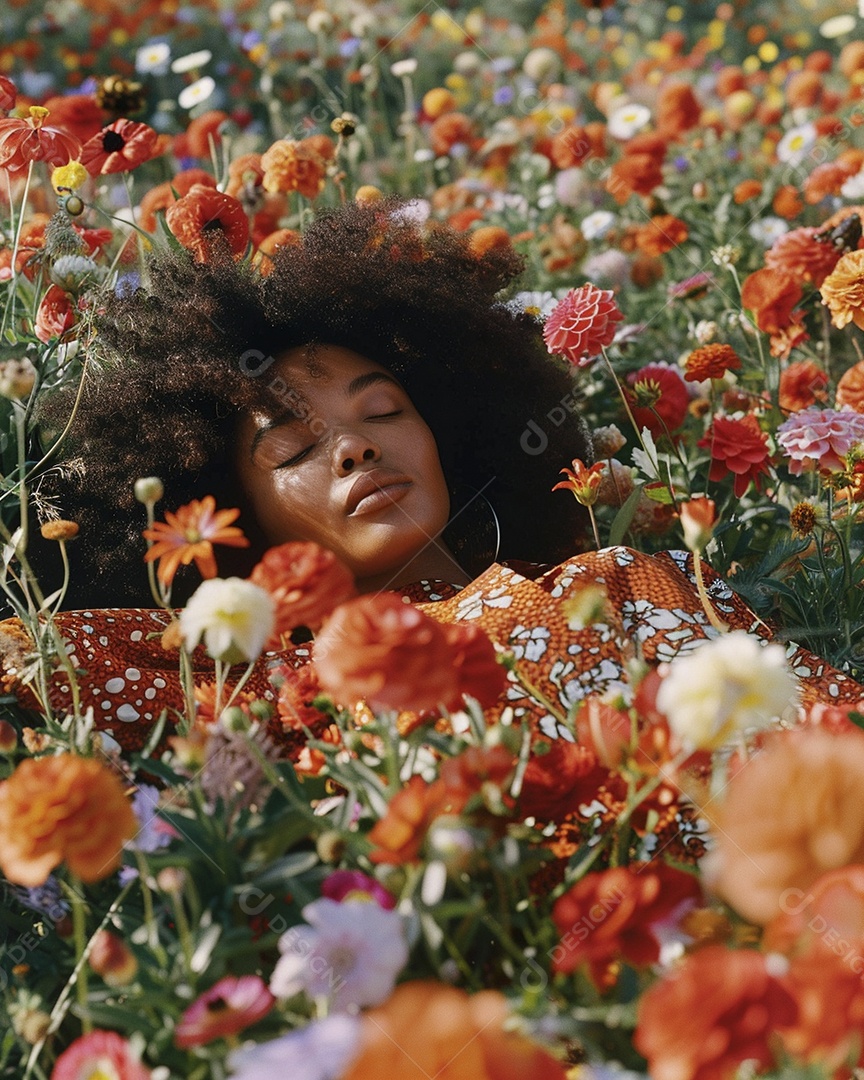 Mulher negra estilo hippie em uma pose relaxante deitada em um lindo campo de flores