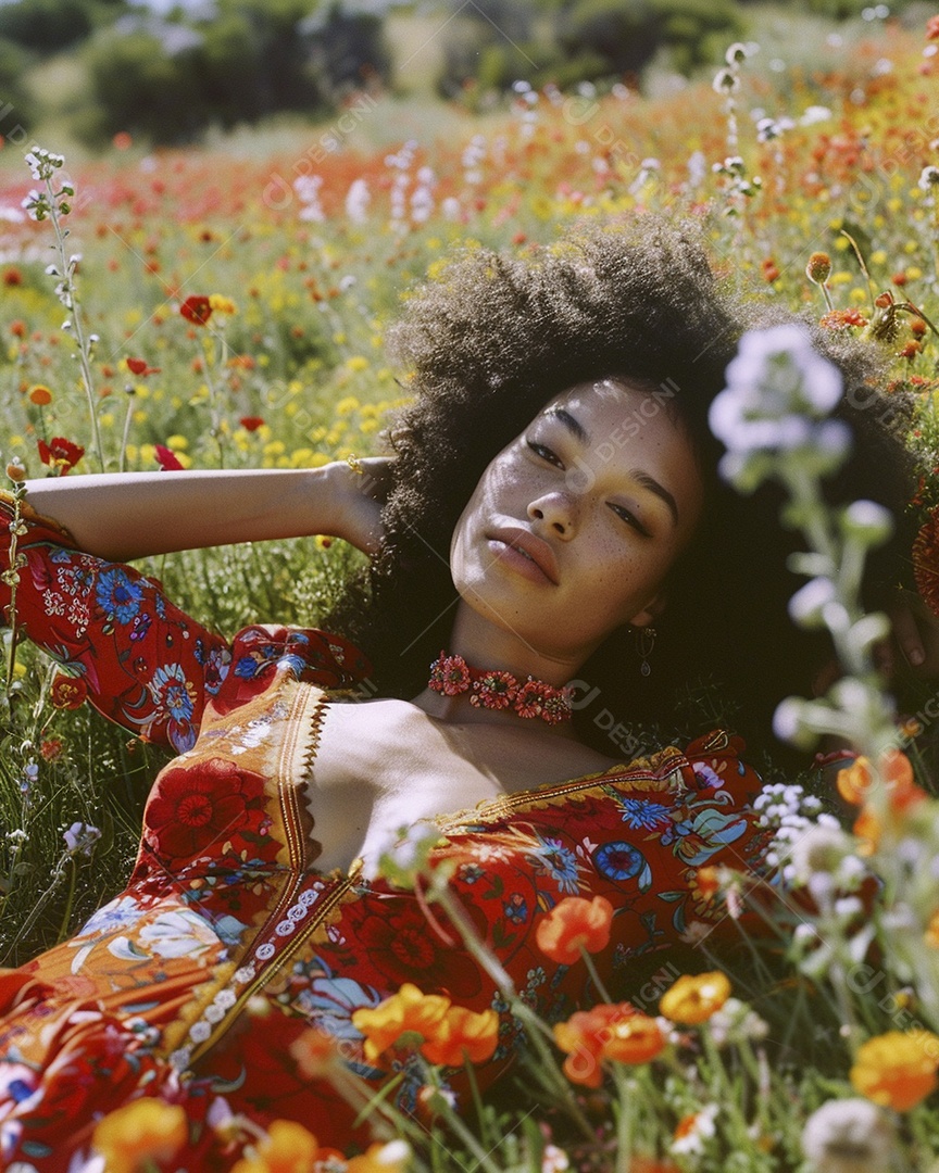 Mulher negra estilo hippie em uma pose relaxante deitada em um lindo campo de flores