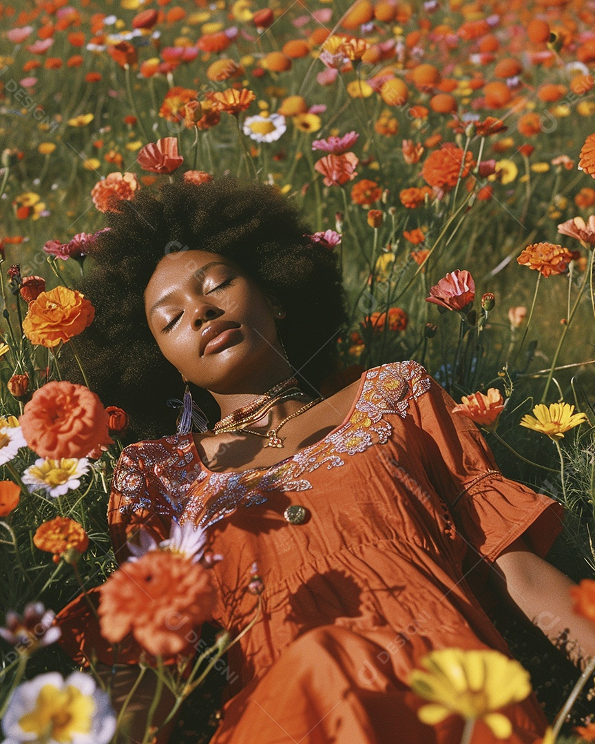 Mulher negra estilo hippie em uma pose relaxante deitada em um lindo campo de flores