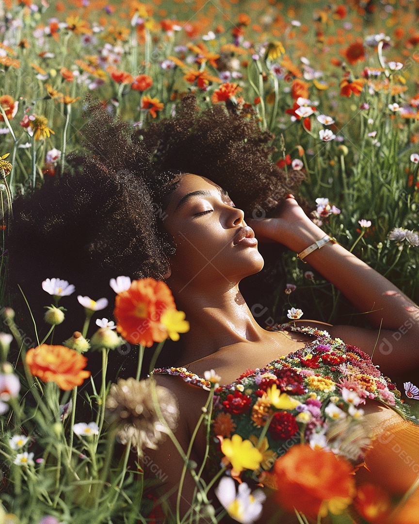Mulher negra estilo hippie em uma pose relaxante deitada em um lindo campo de flores