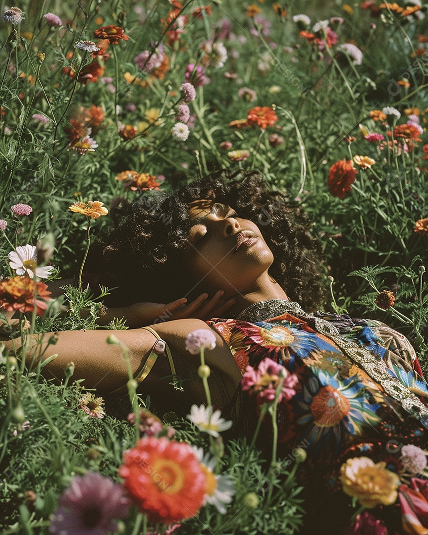 Mulher negra estilo hippie em uma pose relaxante deitada em um lindo campo de flores
