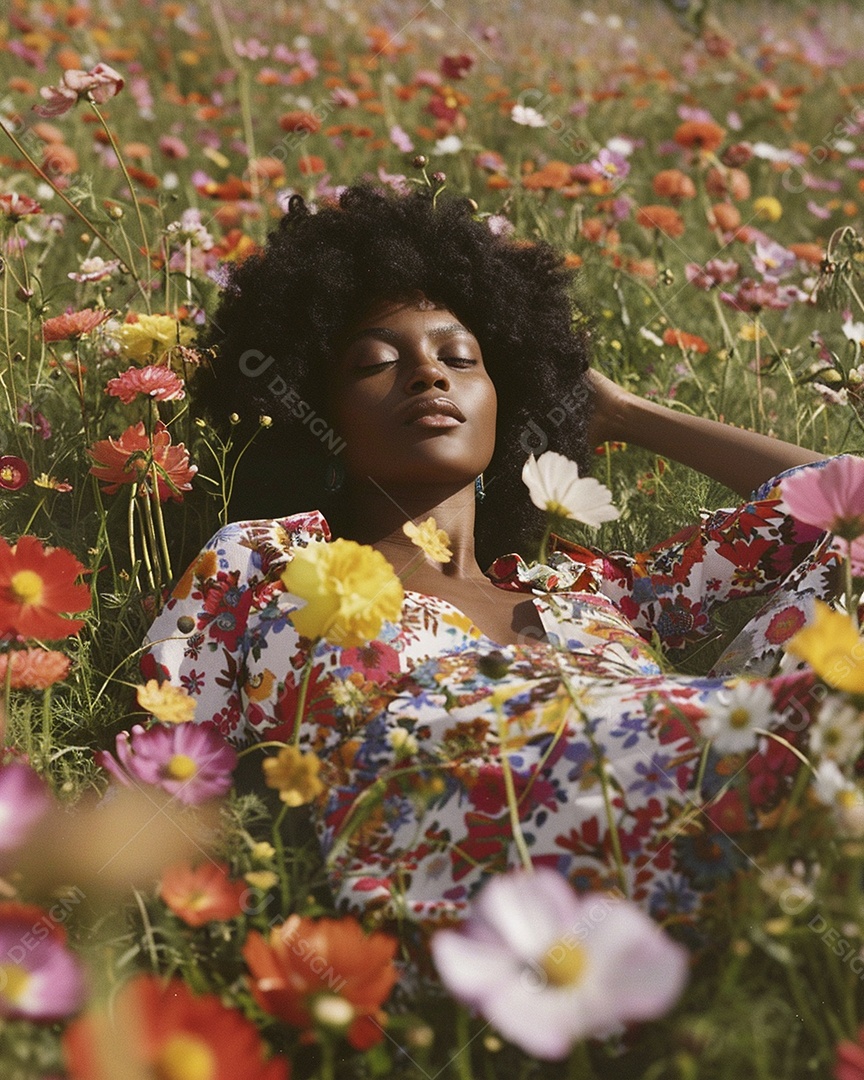 Mulher negra estilo hippie em uma pose relaxante deitada em um lindo campo de flores
