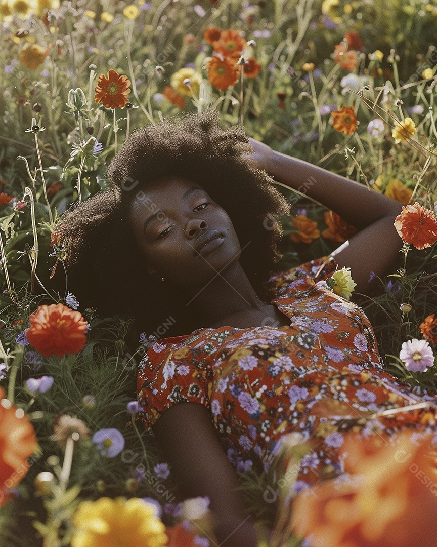 Mulher negra estilo hippie em uma pose relaxante deitada em um lindo campo de flores