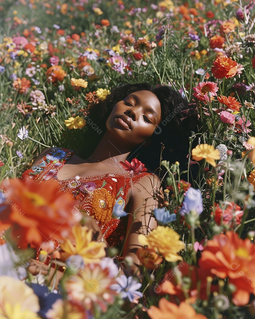 Mulher negra estilo hippie em uma pose relaxante deitada em um lindo campo de flores