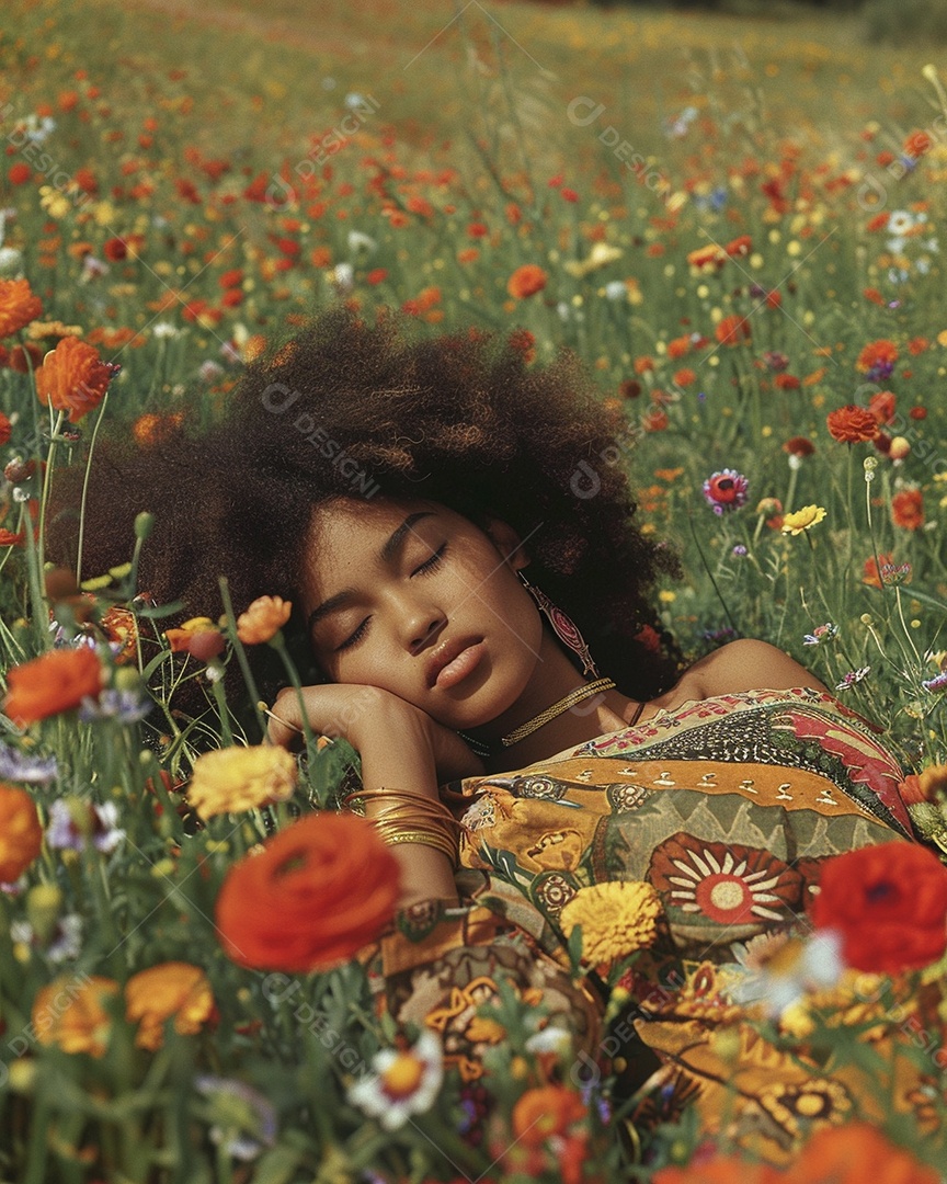 Mulher negra estilo hippie em uma pose relaxante deitada em um lindo campo de flores