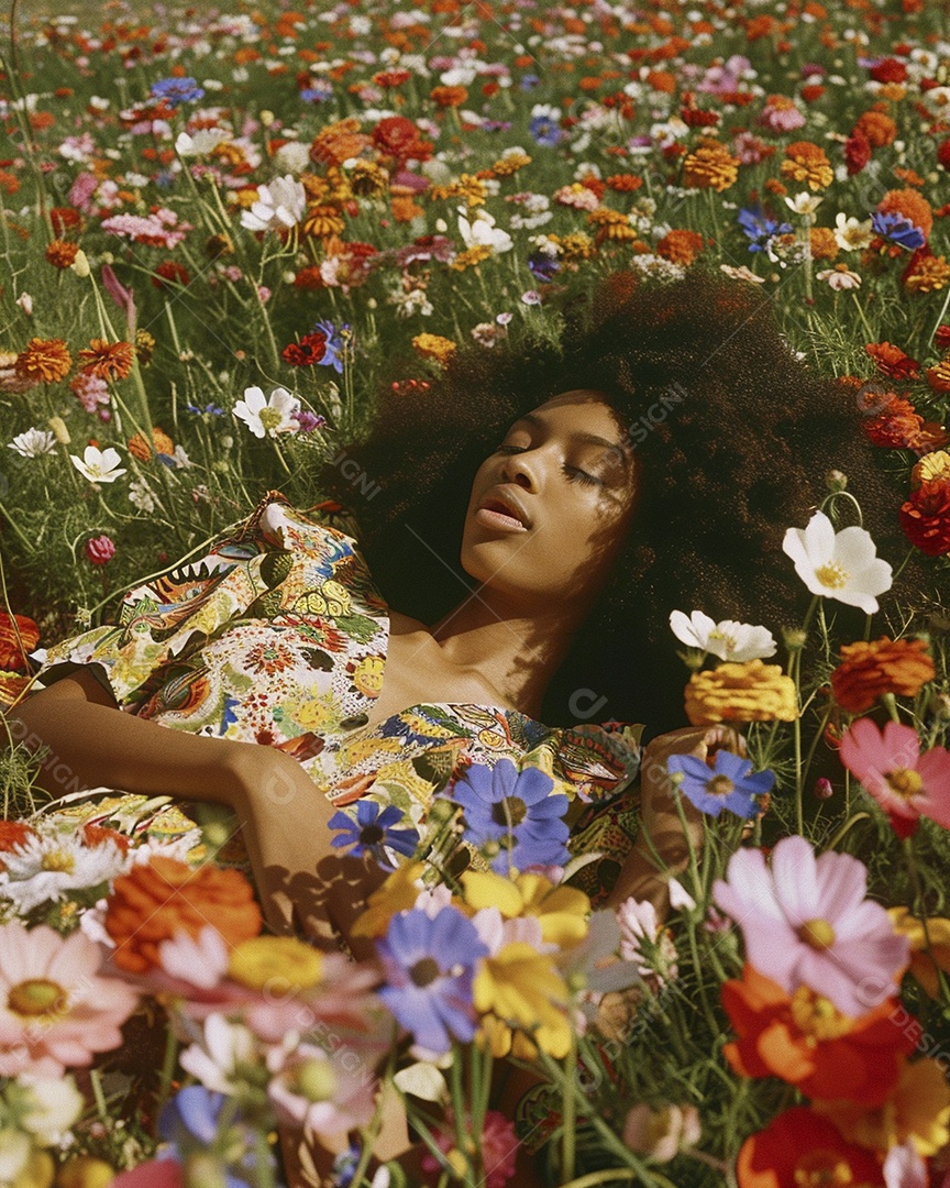 Mulher negra estilo hippie em uma pose relaxante deitada em um lindo campo de flores