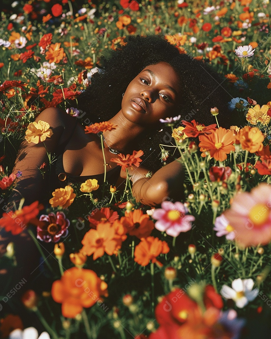 Mulher negra estilo hippie em uma pose relaxante deitada em um lindo campo de flores