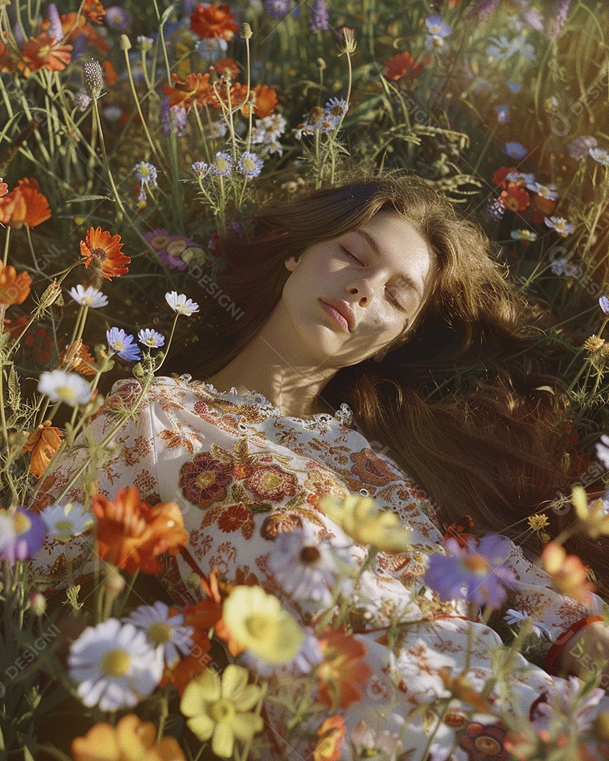 Mulher estilo hippie em uma pose relaxante, deitada em um lindo campo de flores