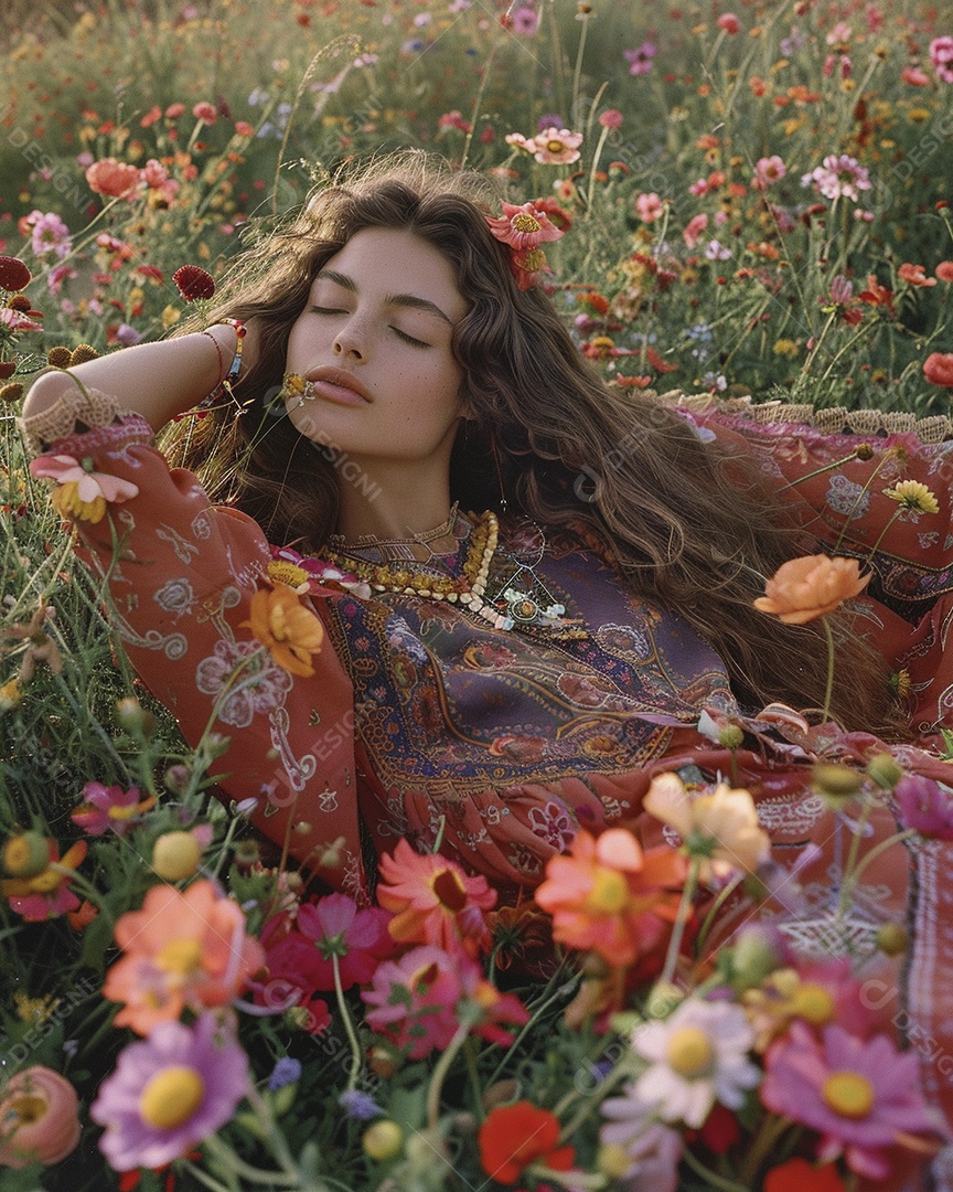 Mulher estilo hippie em uma pose relaxante, deitada em um lindo campo de flores