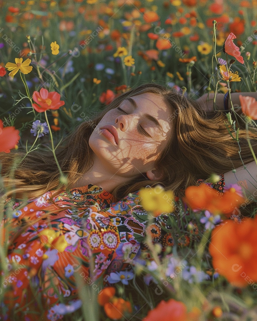 Mulher estilo hippie em uma pose relaxante, deitada em um lindo campo de flores