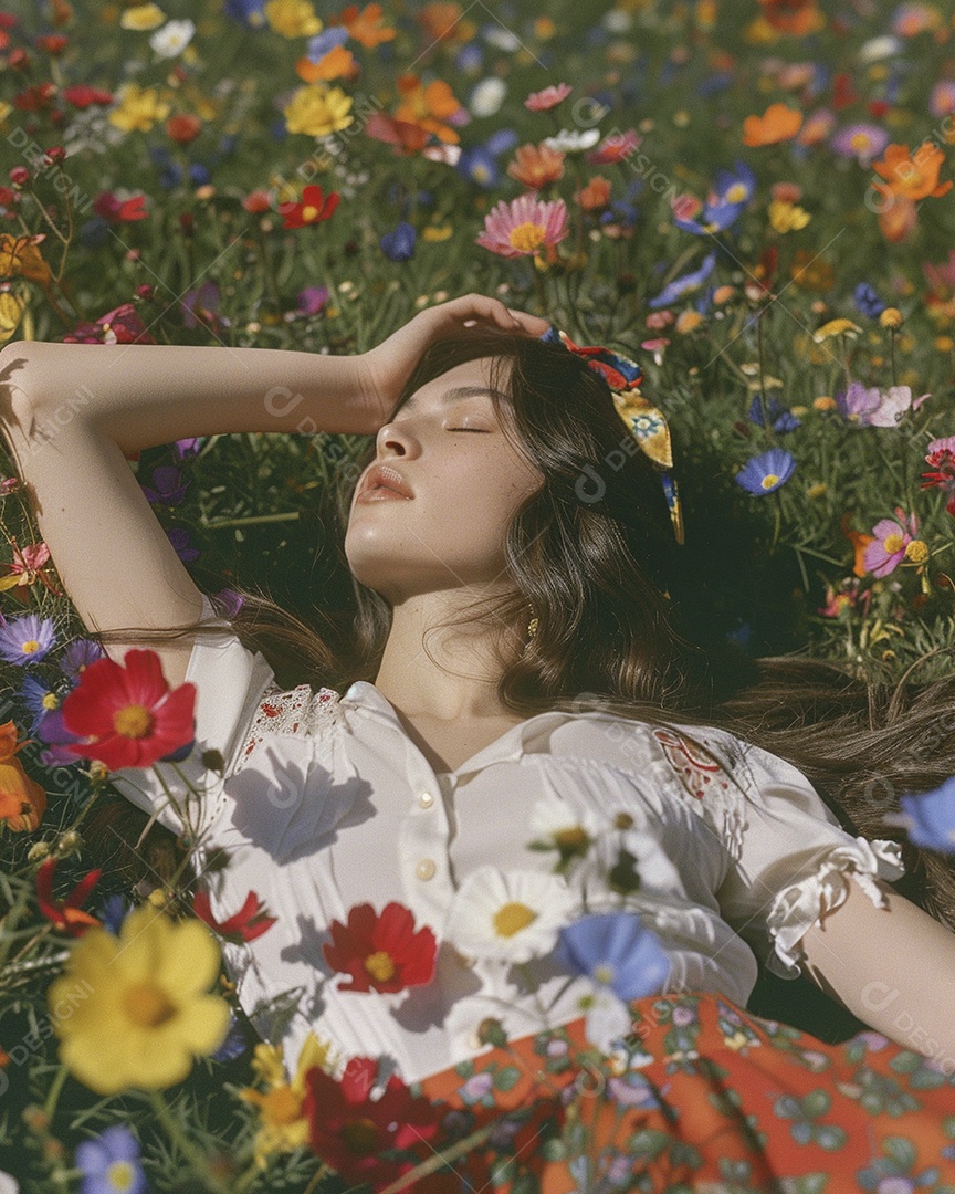 Mulher estilo hippie em uma pose relaxante, deitada em um lindo campo de flores