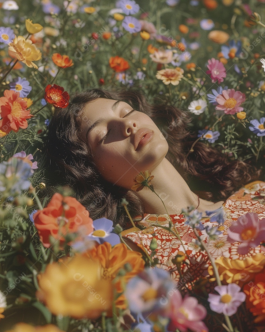 Mulher estilo hippie em uma pose relaxante, deitada em um lindo campo de flores