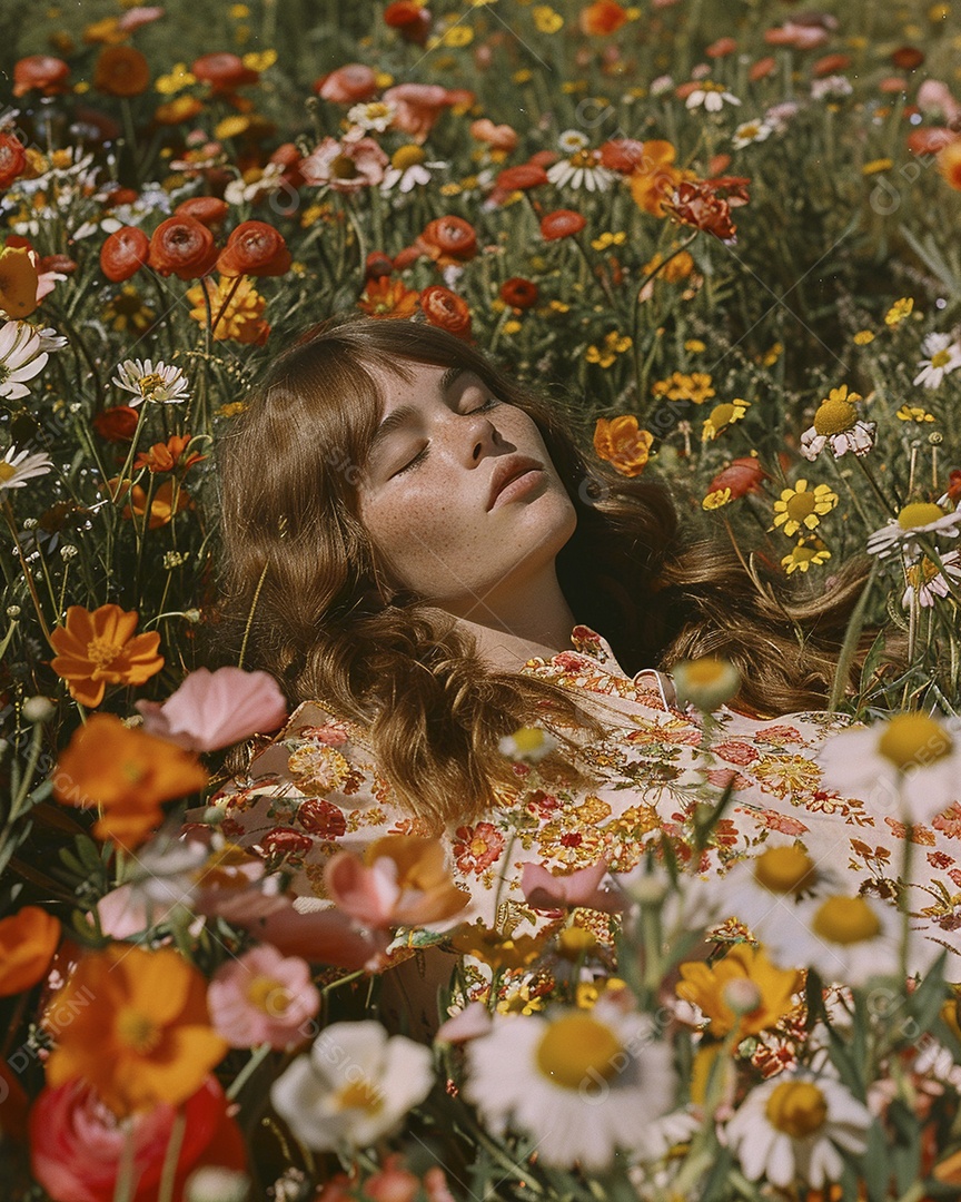 Mulher estilo hippie em uma pose relaxante, deitada em um lindo campo de flores