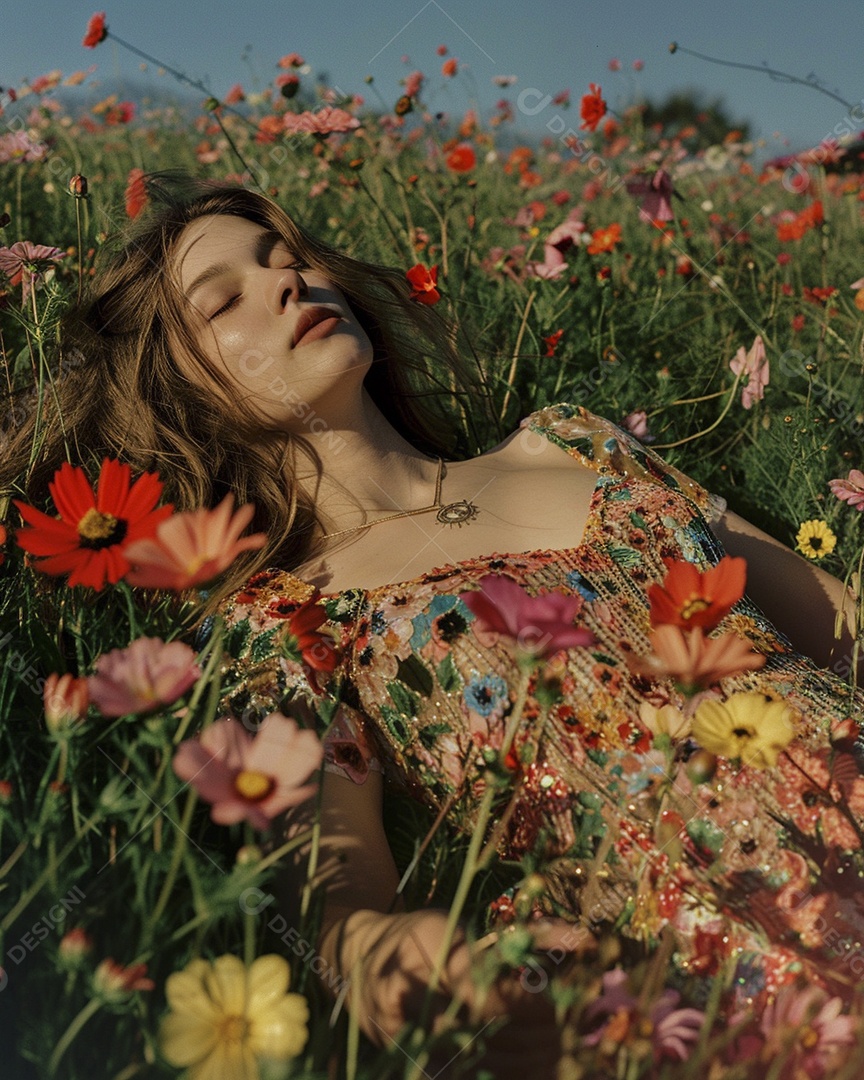 Mulher estilo hippie em uma pose relaxante, deitada em um lindo campo de flores