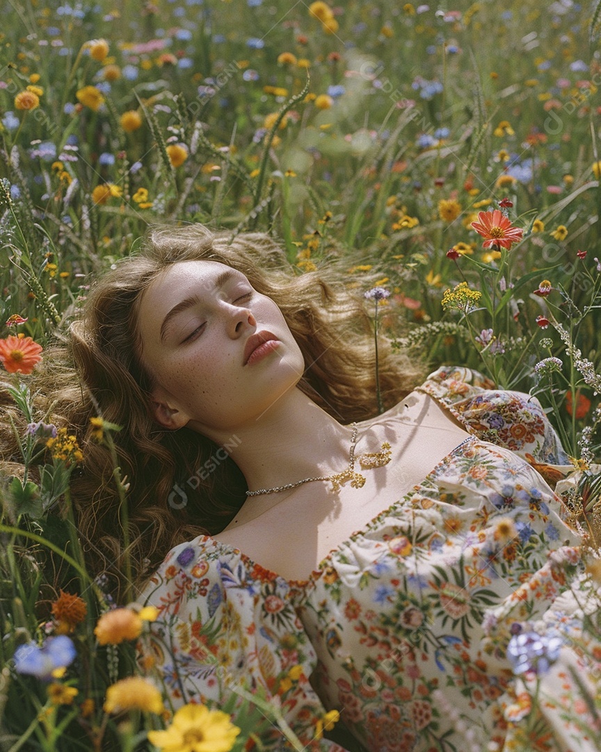 Mulher estilo hippie em uma pose relaxante, deitada em um lindo campo de flores