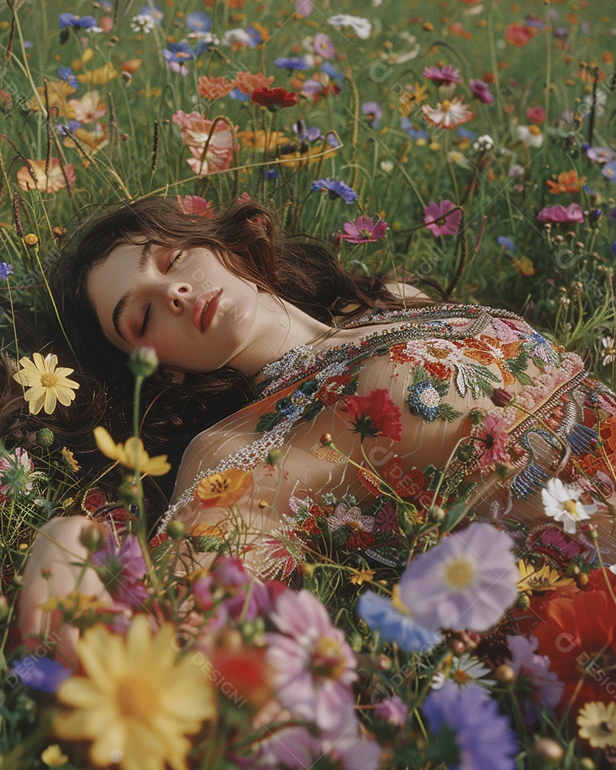 Mulher estilo hippie em uma pose relaxante, deitada em um lindo campo de flores