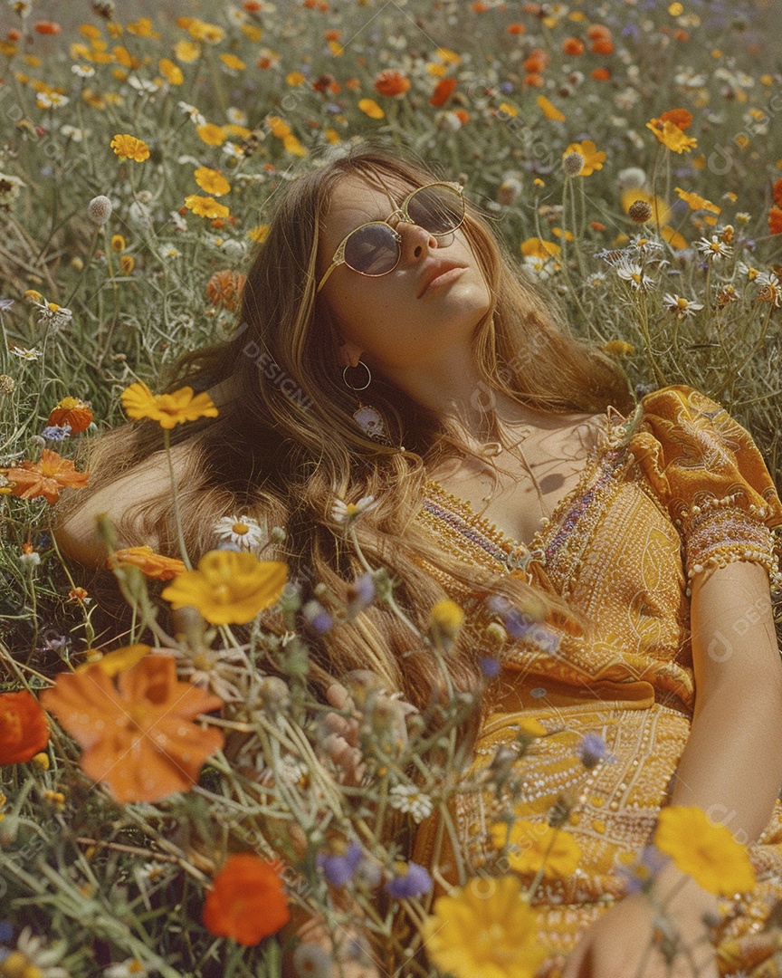 Mulher estilo hippie em uma pose relaxante, deitada em um lindo campo de flores