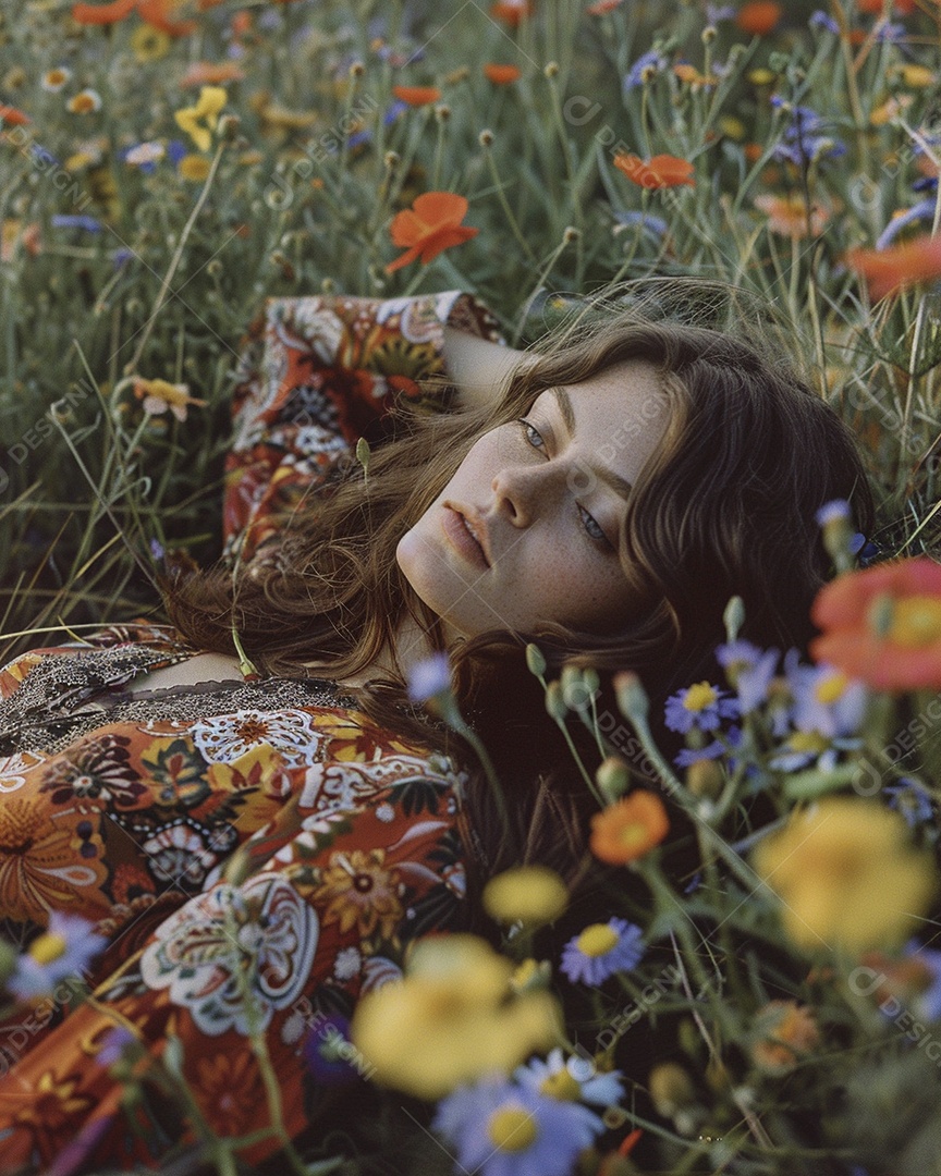 Mulher estilo hippie em uma pose relaxante, deitada em um lindo campo de flores