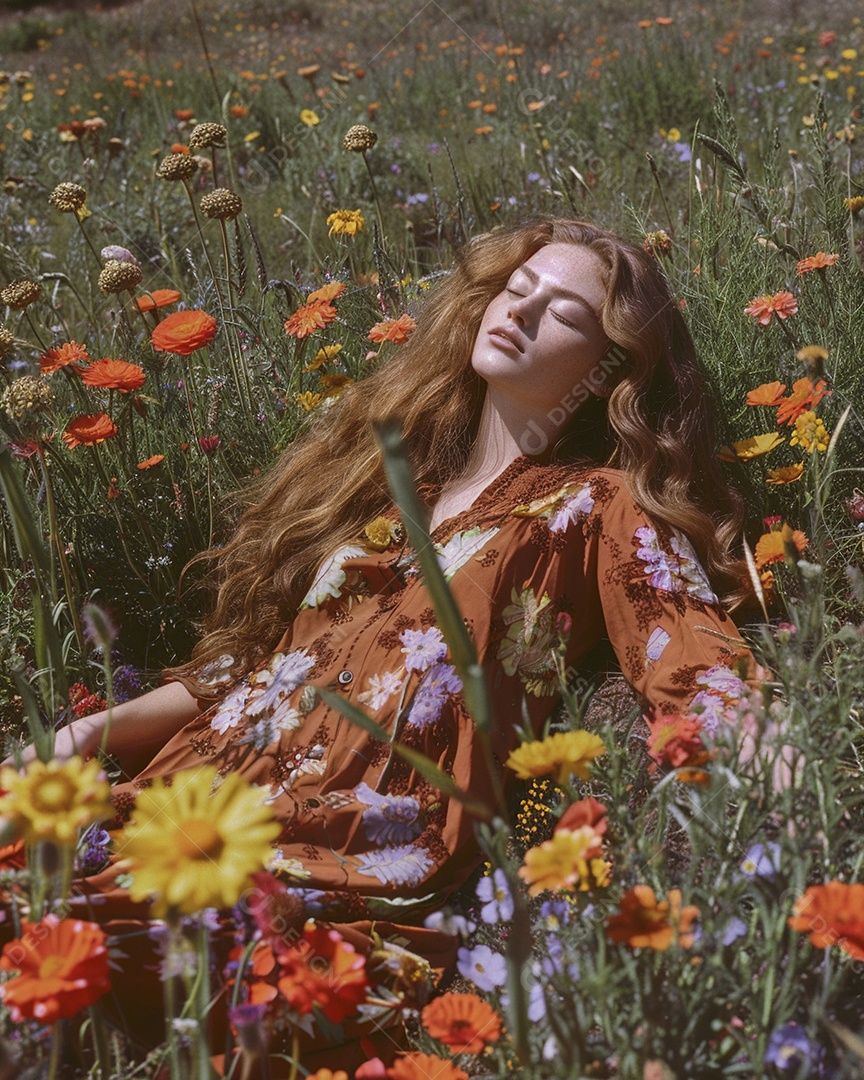 Mulher estilo hippie em uma pose relaxante, deitada em um lindo campo de flores