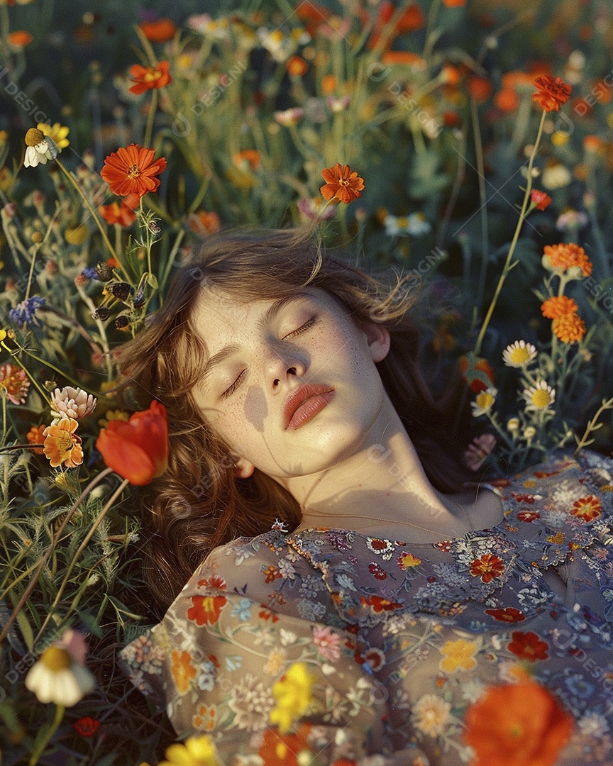 Mulher estilo hippie em uma pose relaxante, deitada em um lindo campo de flores