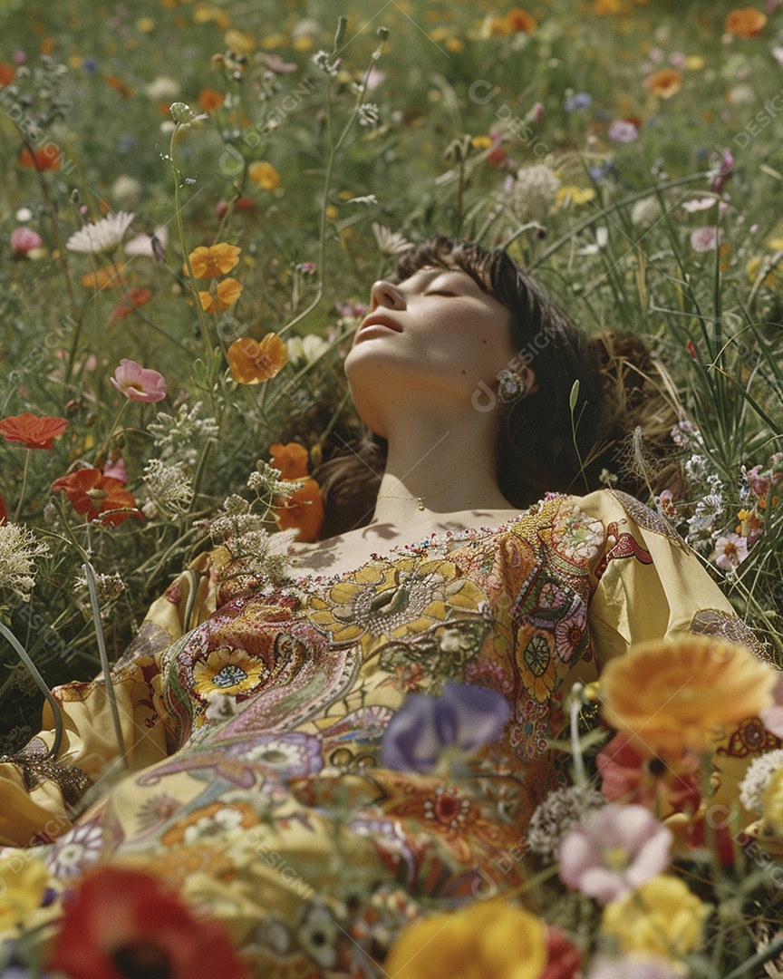 Mulher estilo hippie em uma pose relaxante, deitada em um lindo campo de flores