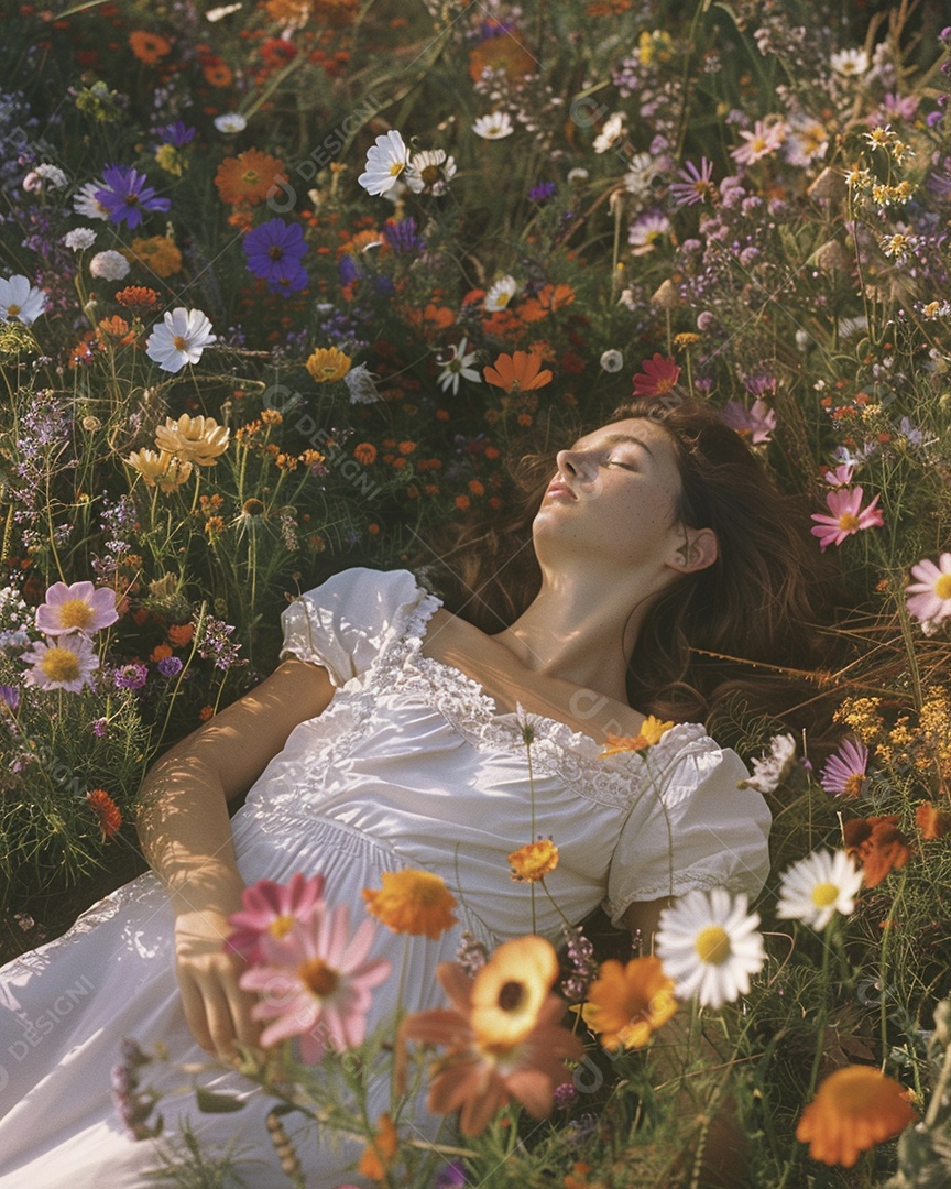 Mulher estilo hippie em uma pose relaxante, deitada em um lindo campo de flores