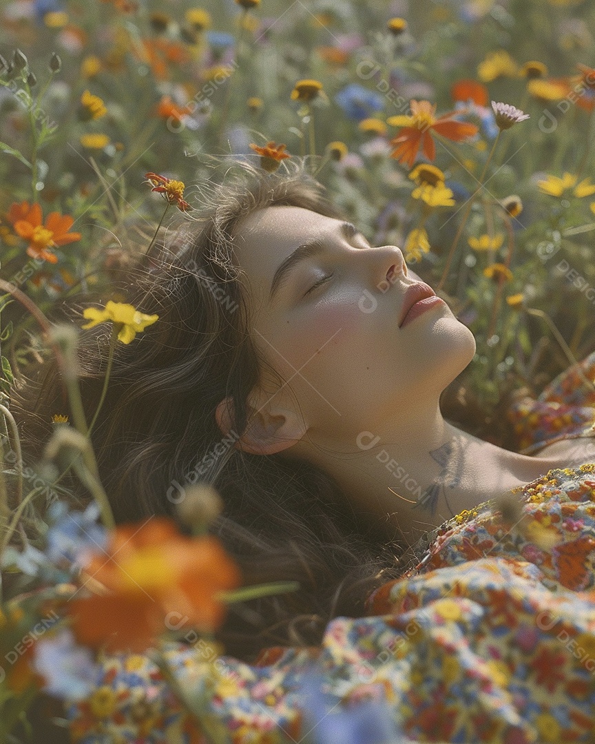 Mulher estilo hippie em uma pose relaxante, deitada em um lindo campo de flores