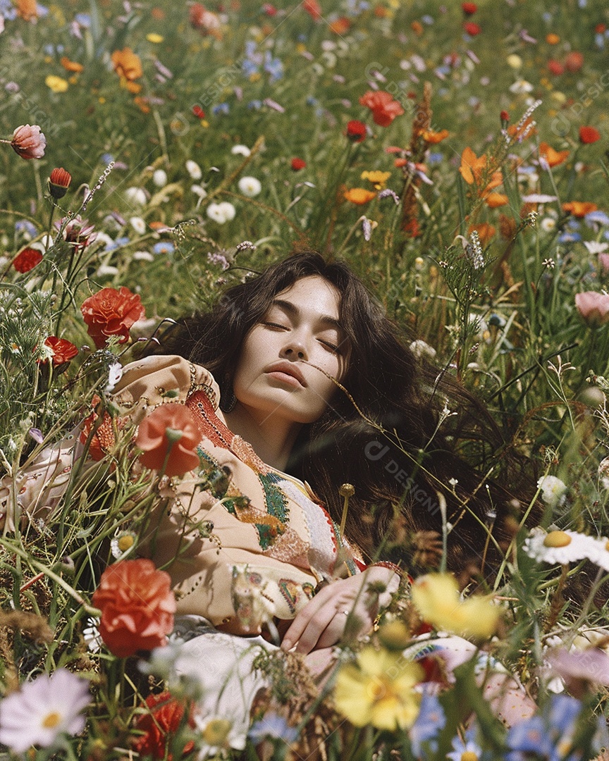 Mulher estilo hippie em uma pose relaxante, deitada em um lindo campo de flores